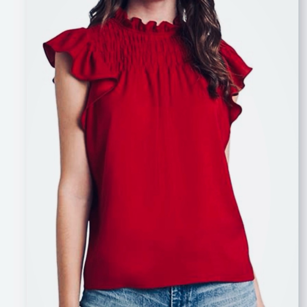 M New 1.STATE high ruffle neck flutter sleeve smocked sleeveless blouse top red